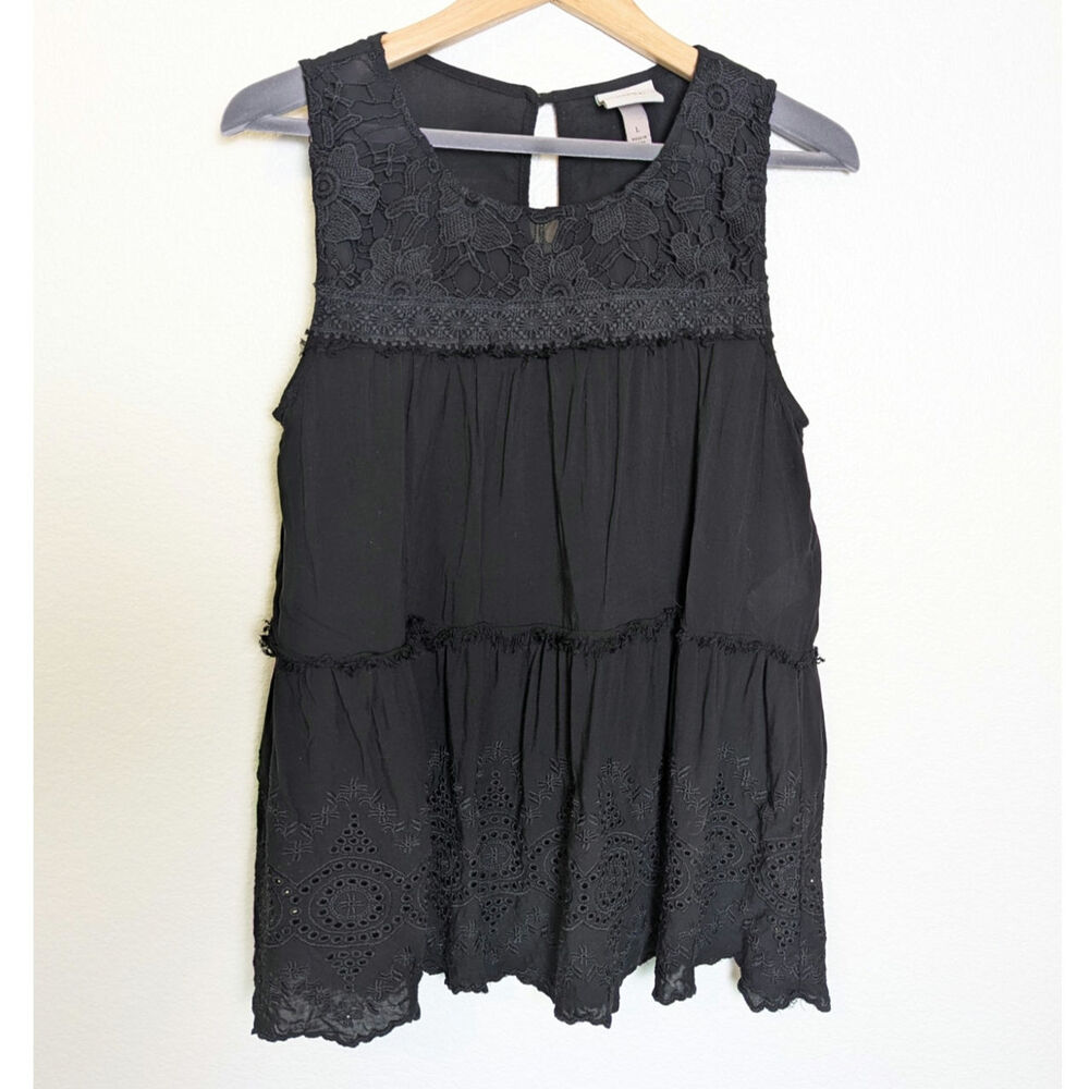 Knox Rose Black Sleeveless Eyelet Lace Distressed Blouse Women Size L Boho